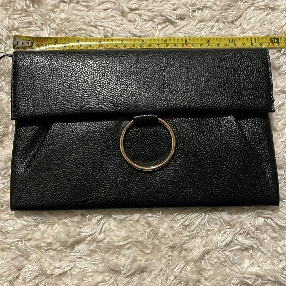 Women's Black & Gold O Ring Fold Clutch Purse With Crossbody Chain Strap